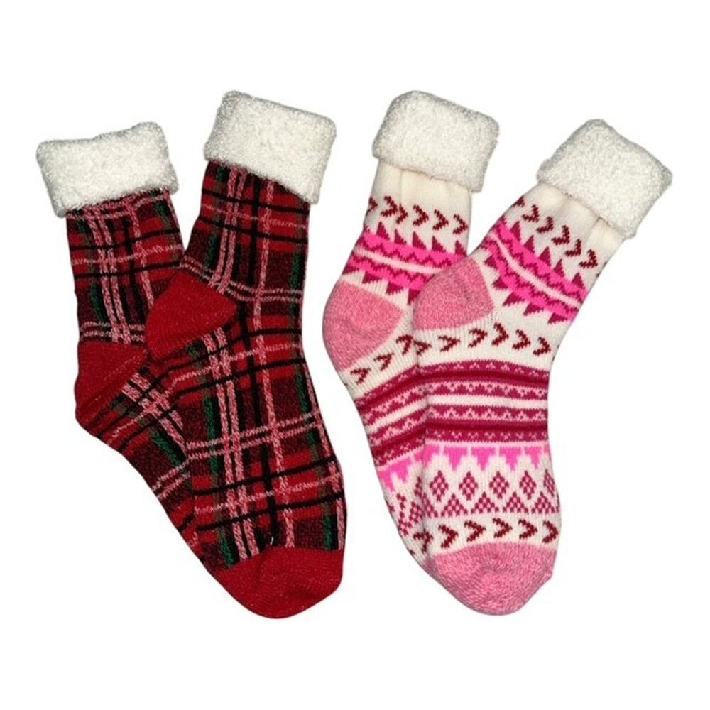 2 Pairs Magellan Outdoors Lodge Crew Socks Pink Geo Red Plaid Aloe Infused 6-10